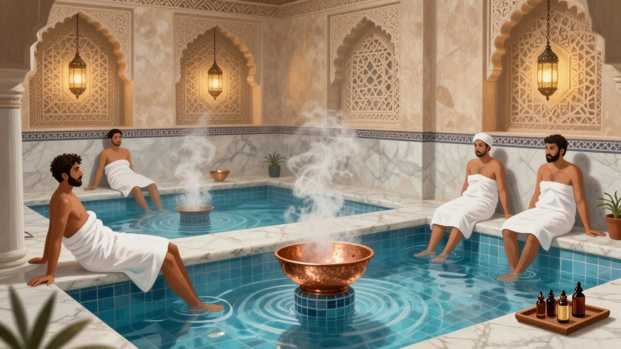 Traditional Arabic hammam with steam, tiled walls, and lantern-lit relaxation.