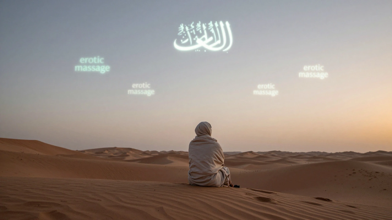 Traveler on desert dune at dawn as digital ads fade like mirages.